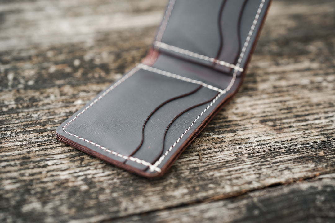 Leather Bifold Minimalist Wallet - Black Crimson