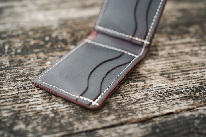 Leather Bifold Minimalist Wallet - Black Crimson